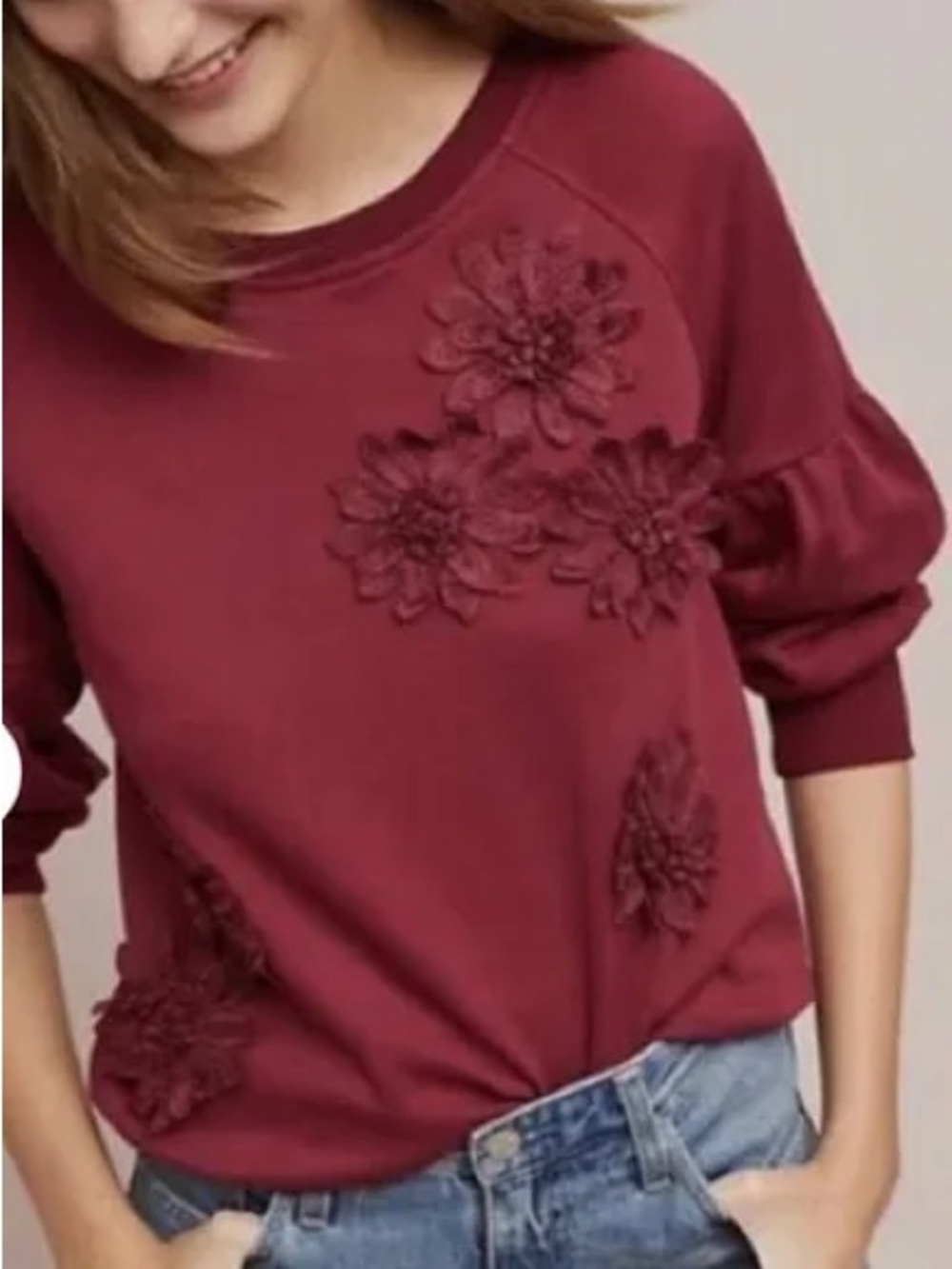 Floral Appliqué Pullover Sweathirt in Deep Wine